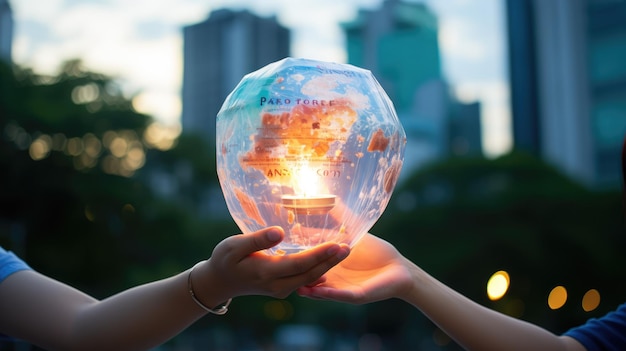 A photograph of a person releasing a sky lantern decorated