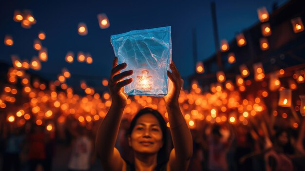 A photograph of a person releasing a sky lantern decorated