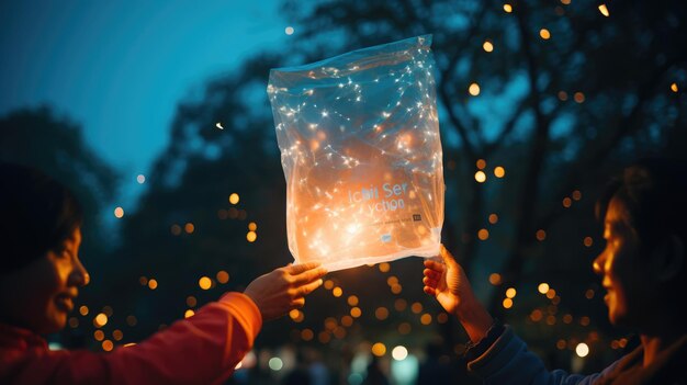 A photograph of a person releasing a sky lantern decorated
