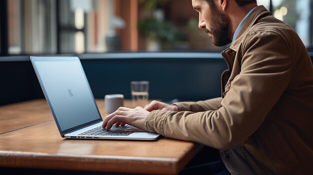 Photo photograph of person seated at a desk doing work at laptop