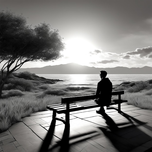 夕暮れに向かってベンチに座っている人の写真 黒と白 Hd Uhd 4k Fine