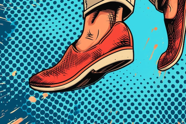 A photograph of a persons feet wearing red shoes against a vibrant blue background Exaggerated comic strip art style showing a foot recovering from plantar fasciitis AI Generated