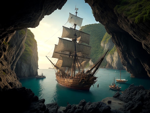 Photograph a pirate ship sailing into a hidden cave