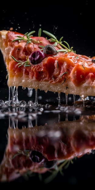 Photograph of a pizza slice with gooey cheese and a tempting assortment of toppings