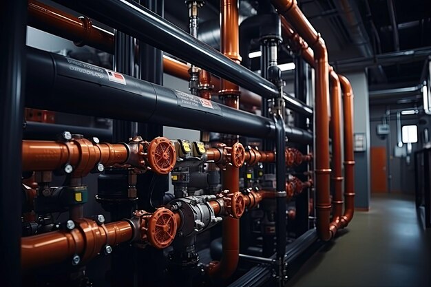 photograph of Plumbing service copper pipeline of a heating system in boiler room