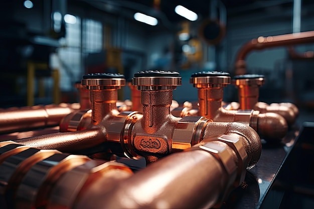 photograph of Plumbing service copper pipeline of a heating system in boiler room