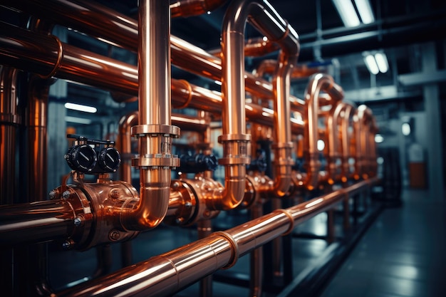 photograph of Plumbing service copper pipeline of a heating system in boiler room