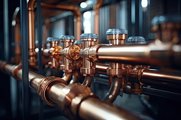 photograph of Plumbing service copper pipeline of a heating system in boiler room