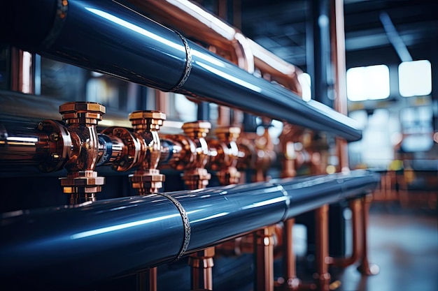 photograph of Plumbing service copper pipeline of a heating system in boiler room