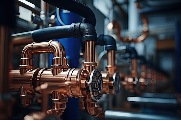 photograph of Plumbing service copper pipeline of a heating system in boiler room