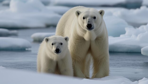 Photograph of a polar bear and its cub which was left in the middle of the glaciers as the ice