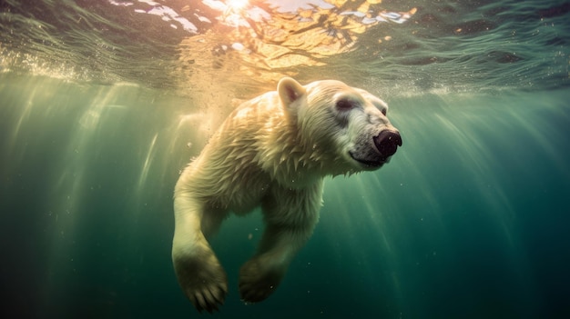 photograph of a polar bear swimming underwater in the arctic ocean