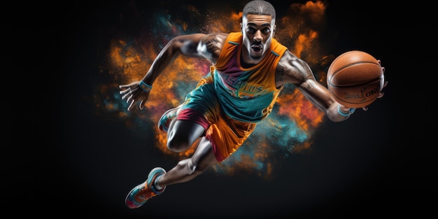 photograph of Portrait of cool colorful basketball player jumps with ball