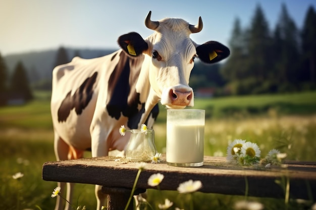 Photo photograph of portrait of cow on the green meadow stands near milk products sunny sunlight