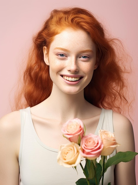 バラの花束を持った女性のポートレート写真