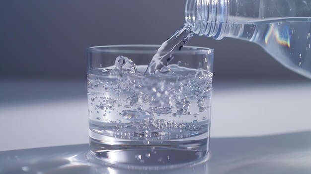 Photograph of pouring water from a plastic bottle into a clear glass with white With Clipping Path