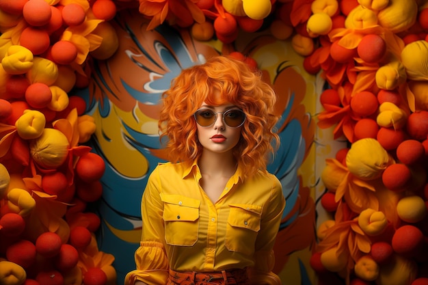 Photograph of a powerful young lady wearing yellow shirt on yellow background