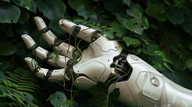 A photograph of a realistic robot hand covered in vines in a lush green jungle setting