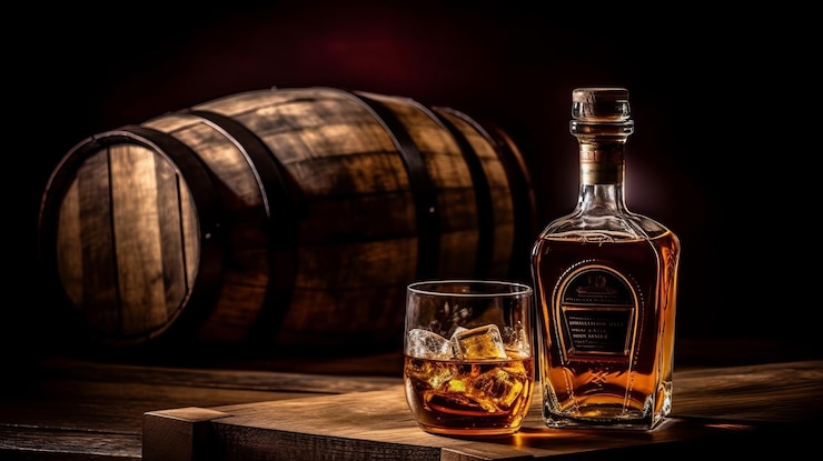 Photo photograph of scotch whiskey bottle with glass of whiskey and old wooden barrel