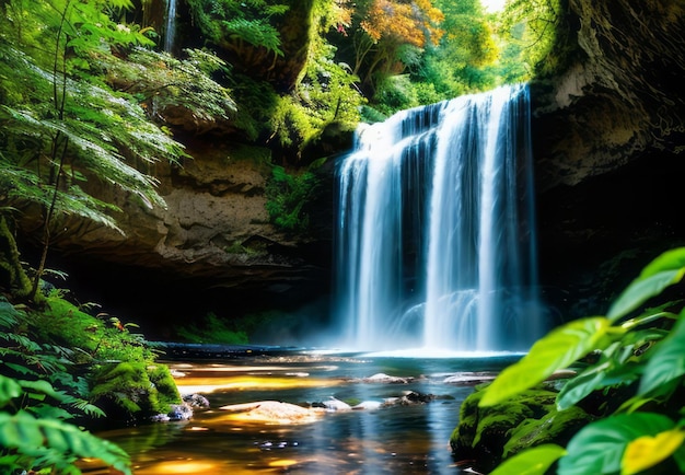 Photograph a secluded waterfall surrounded by lush greenery and vibrant flora landscape wallpaper