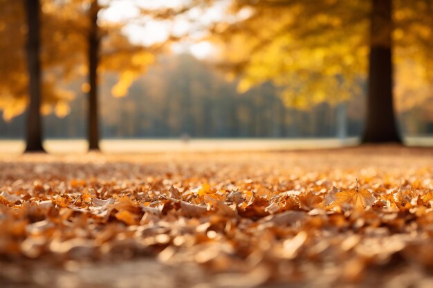 Фотография спокойного осеннего пейзажа золотые листья покрывают землю