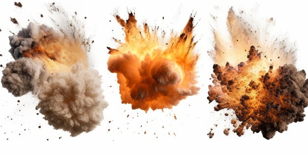 Photo photograph of set of explosion isolated on white background