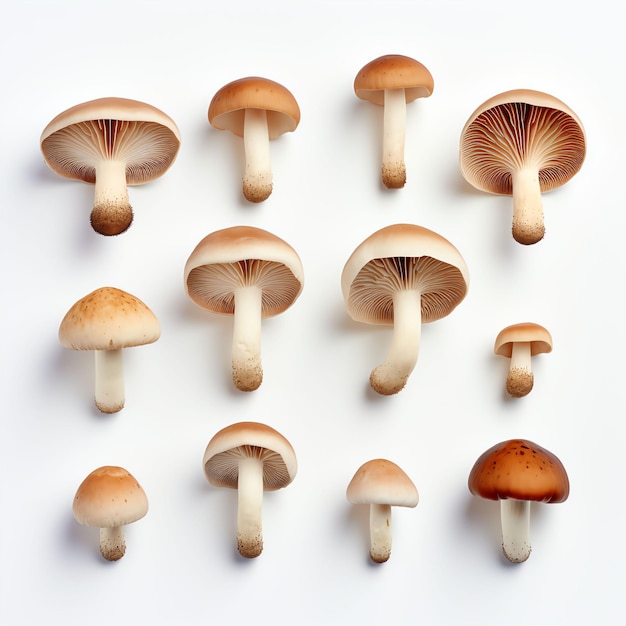 Photograph set of mushrooms top down view wite background