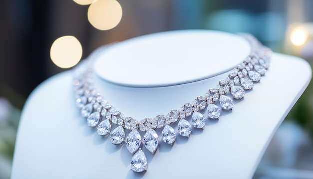 A photograph shot of a white neck wearing a luxury diamond necklace