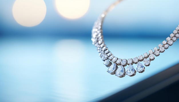 Фотография белой шеи в роскошном бриллиантовом ожерелье