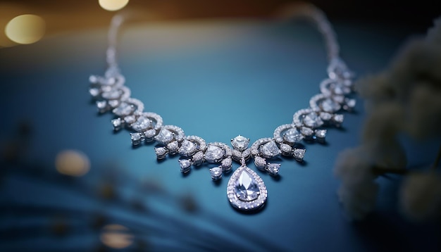 A photograph shot of a white neck wearing a luxury diamond necklace