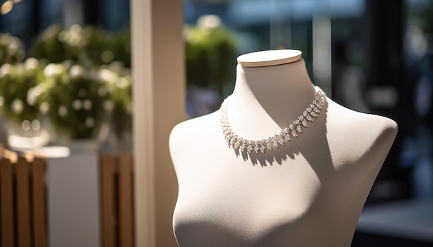 A photograph shot of a white neck wearing a luxury diamond necklace