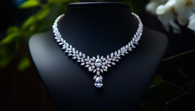 A photograph shot of a white neck wearing a luxury diamond necklace