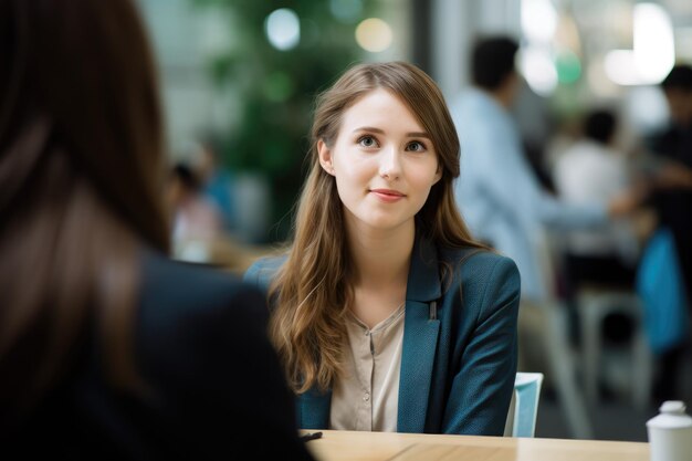 Photograph over the shoulder shot with Sony a7R IV camera and Meike 85mm F18 lens of job interview