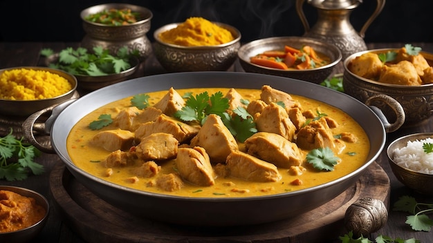 A photograph showcases a steaming bowl of Chicken Korma its velvety texture and rich aroma enticing