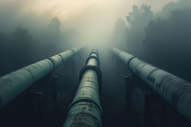 A photograph showcasing a large pipe standing prominently in the midst of a misty forest A dreamy vision of pipelines enveloped in morning fog AI Generated