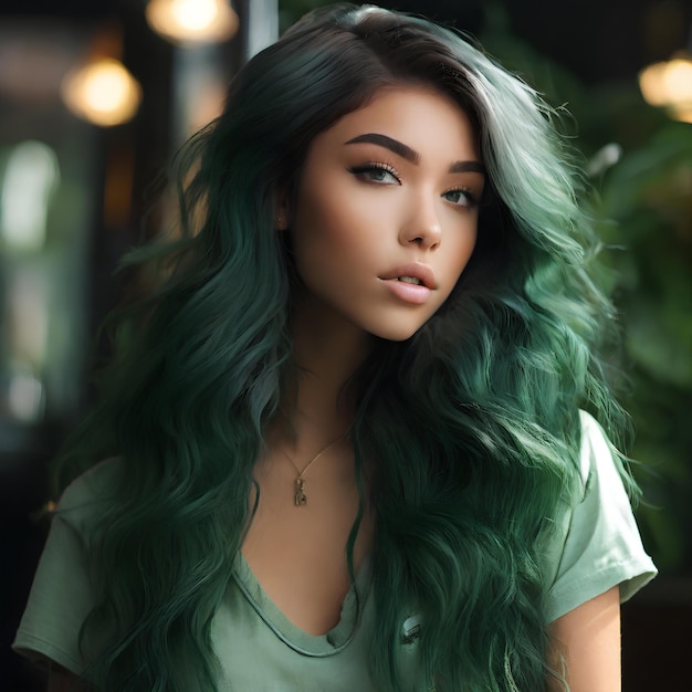 Фотография Мэдисон Биерс с яркими зелеными волосами