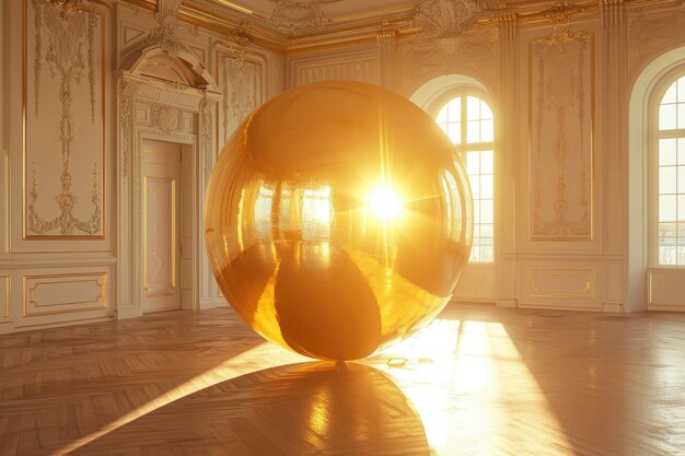 大きなボールが広い部屋に映っている写真 巨大な金色の風船が部屋に明るく反射しています