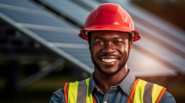 На фотографии изображен счастливый парень-инженер в каске, стоящий рядом со станцией с солнечными панелями, вырабатывающими экологически чистую электроэнергию GENERATE AIxAxA