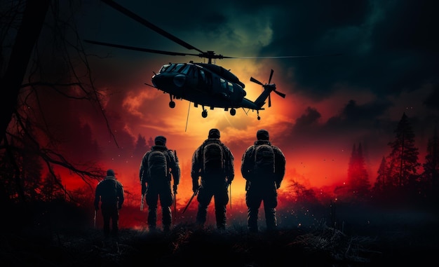 A photograph shows soldiers on a hill A mesmerizing gathering of extraordinary individuals imbued with wonder as they stand before the captivating presence of a helicopter