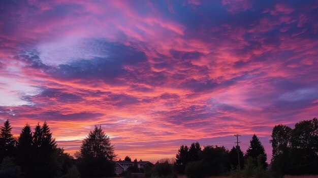 A photograph of a sky with sun clouds birds and trees