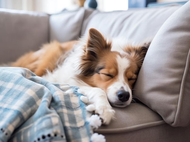 ソファのインテリア デザインで眠っているかわいい犬の子犬の写真