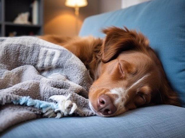 Photograph Sleeping cute dog puppy on a couch interior design