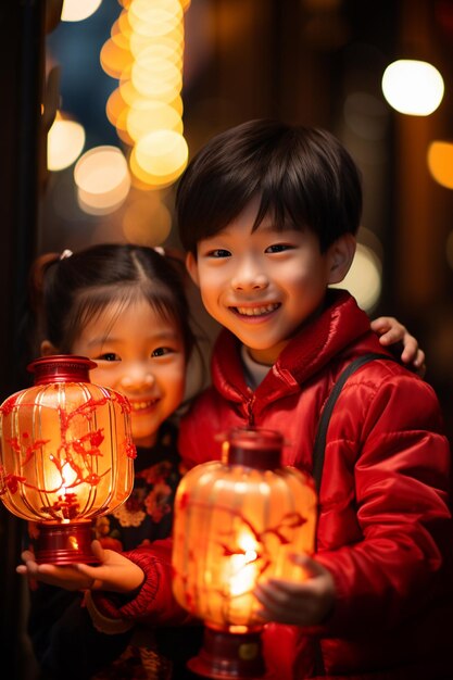 A photograph of a smiling Chinese boy and girl in a red chinese dress holding a lantern