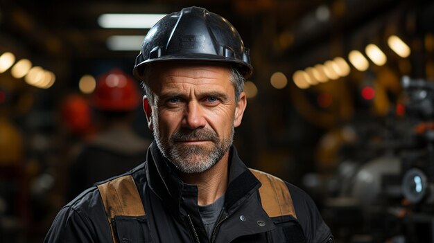 Photograph of a smiling engineer with a helmet looking at the camera while crossing his arms