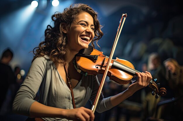 photograph of Smiling female musician wearing glasses wide angle lens realistic lighting