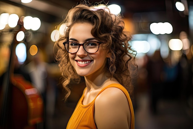 фотография улыбающейся женщины-музыканта в очках, широкоугольный объектив, реалистичное освещение