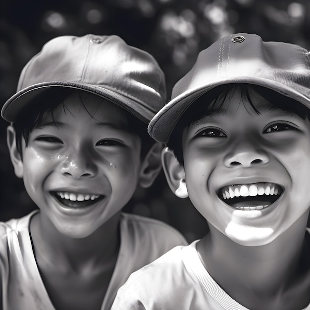 photograph of a smiling kids wearing caps closeup