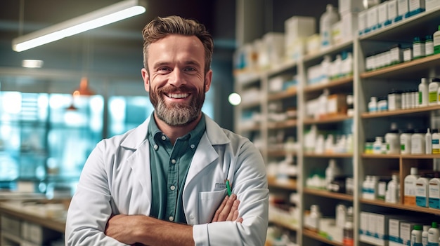 фотография улыбающегося портрета красивого фармацевта в аптеке