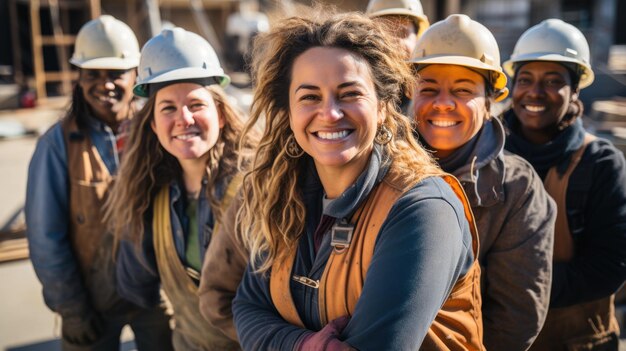 Foto fotografia di donne sorridenti un gruppo di varie donne felici che fanno lavori di costruzione in un cantiere