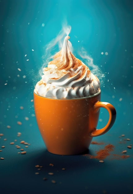 A photograph of a steaming cup of pumpkin spice latte